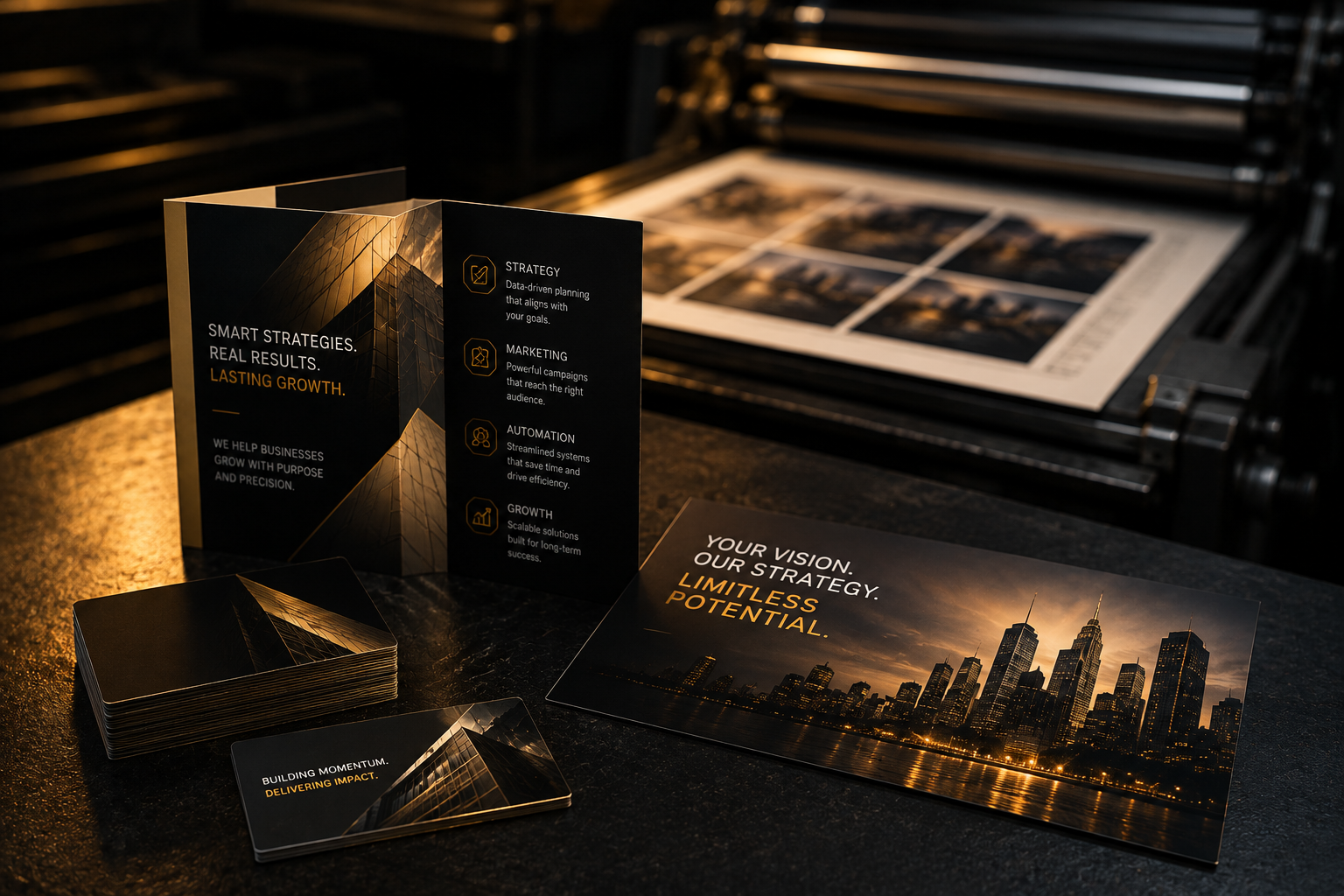 Printed brochures, business cards and a postcard on a print shop table